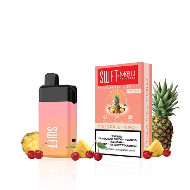 SWFT Mod 5k disposable vape with Pineapple Punch flavor, fruits and packaging on a white background.