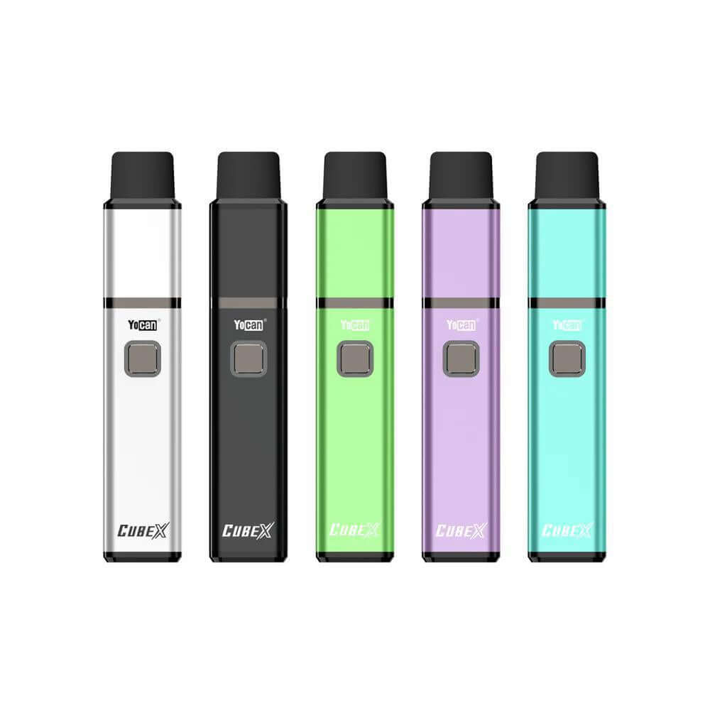 Yocan Cubex Vaporizer in five colors: white, black, green, purple, and blue, showcasing sleek design for wax concentrates.