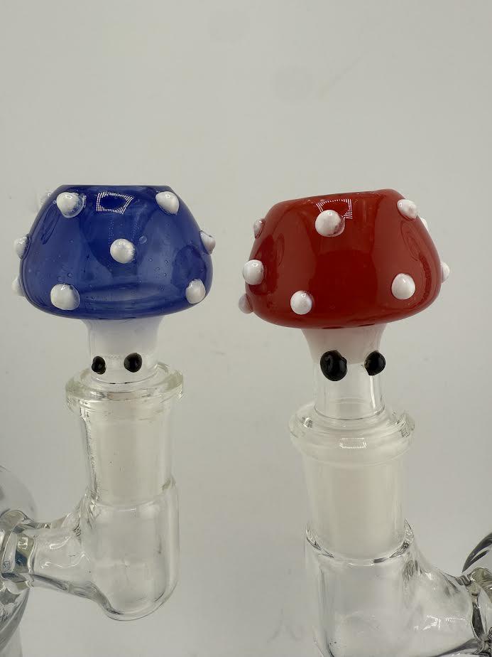 14mm Mushroom Bowl with blue and red caps, featuring whimsical designs for glass pieces.