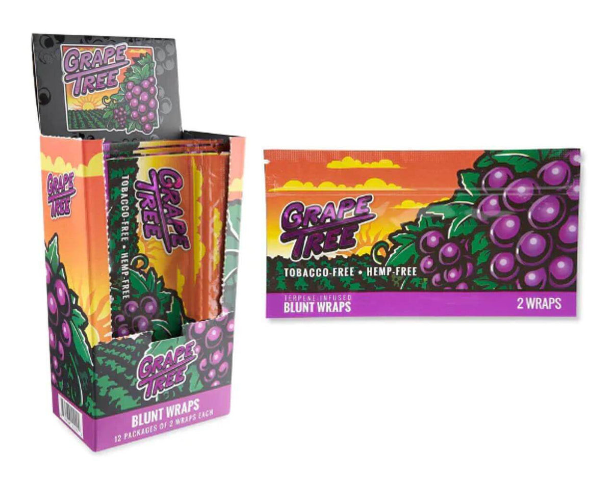 Grape Tree tobacco-free hemp blunt wraps packaging with vibrant grape design, featuring 12 packs of 2 wraps each.