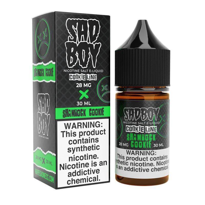 Sad Boy Salt Nic 30ml bottle with Shamrock Cookie flavor and warning label for synthetic nicotine.