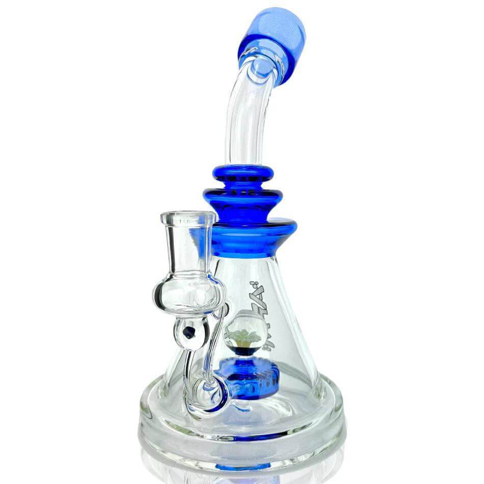 AFM Glass Opal Stone Rig NBS486 with slitted puck perc and blue accents for smooth smoking sessions.