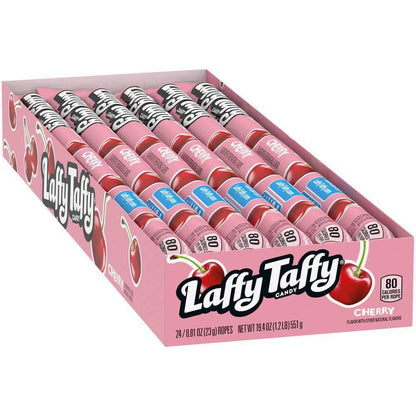 Laffy Taffy Ropes box showcasing cherry flavor, containing 24 chewy candy ropes for a sweet treat.