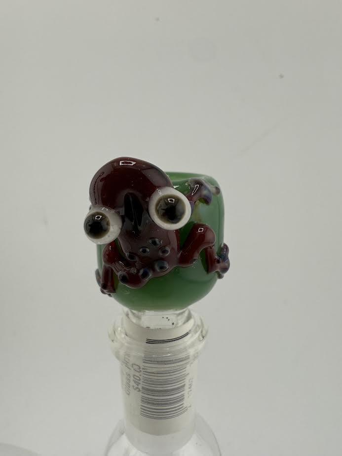 Handcrafted 14mm frog bowl piece by Lamp Dancer with vibrant colors and playful design.