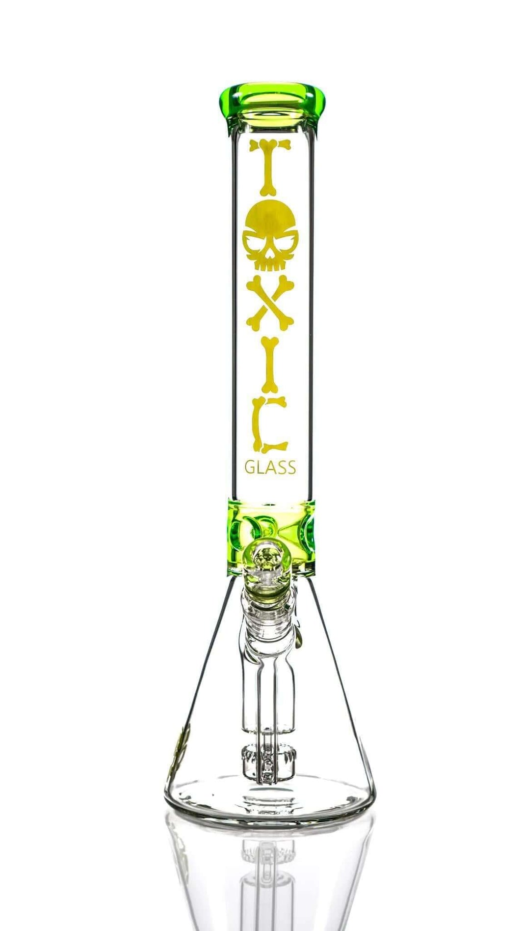 Toxic Glass Classic Beaker 10" TX75 with skull logo, bright green accents, and durable borosilicate glass design.