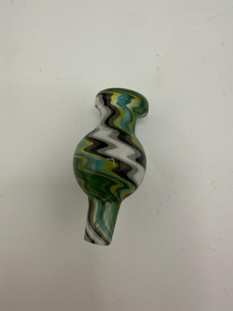 Lylo Glass Carb Cap in green, blue, and black wig wag design for quartz bangers, handcrafted in Spokane, WA.