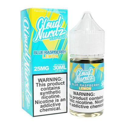 Cloud Nurdz Iced Salt Nicotine Blue Raspberry Lemon 30ml e-liquid bottle with box, 25MG nicotine.