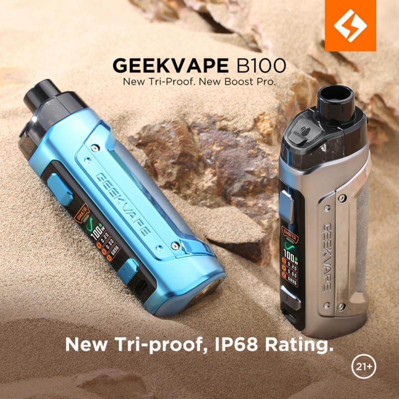 GeekVape B100 Kit showcasing its tri-proof design and IP68 rating against a sandy background.