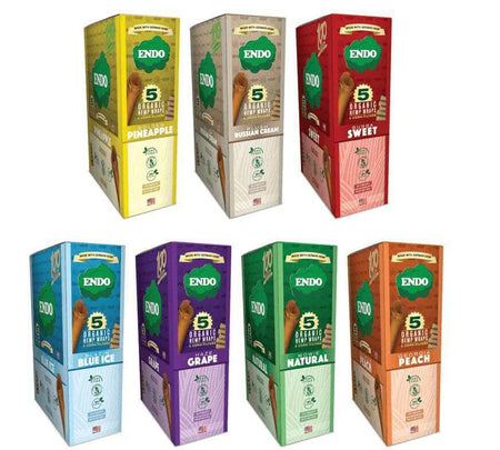 Endo Organic Hemp Wraps variety pack featuring Pineapple, Russian Cream, Sweet, Blue Ice, Grape, Natural, and Peach flavors.