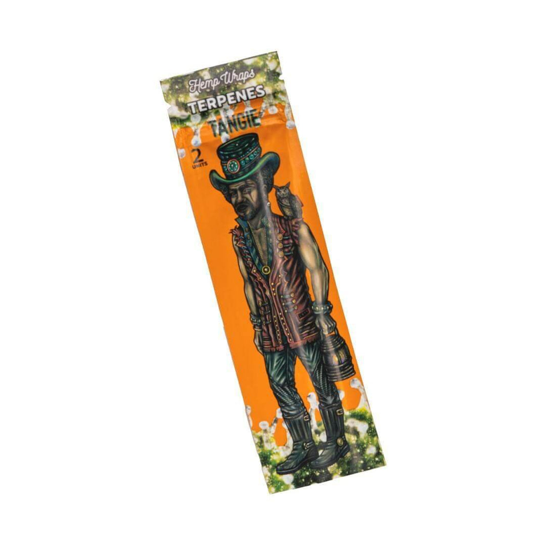 Lion Rolling Circus Hemp Wraps featuring Tangie terpenes, vibrant packaging with a character, 2 units per pack.