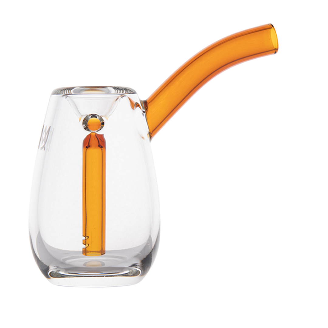 MJ Arsenal Flower Bubbler - Bulb, compact borosilicate glass bubbler with an orange accent, portable design for water filtration