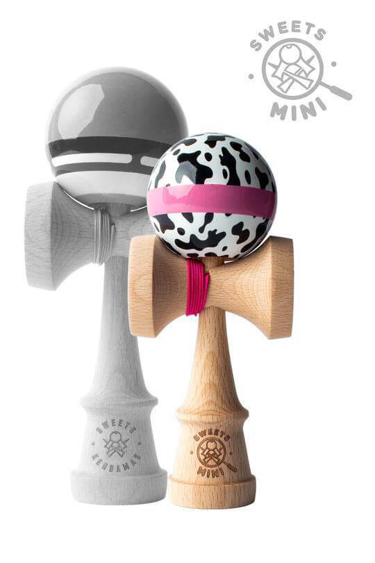 Sweets Mini Kendama in gray and white, featuring a colorful pink and black patterned ball, ideal for on-the-go play.