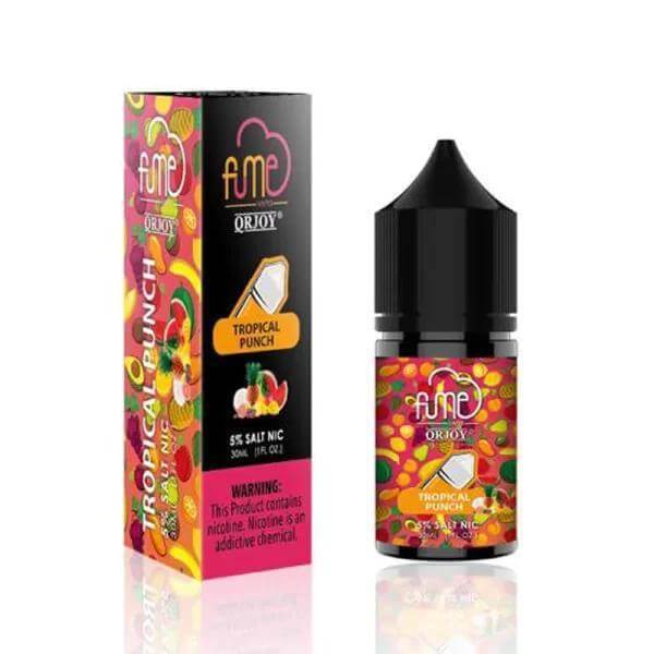 Fume Salt Nic Tropical Punch e-liquid bottle and packaging, 5% nicotine, colorful design, intense flavor experience.