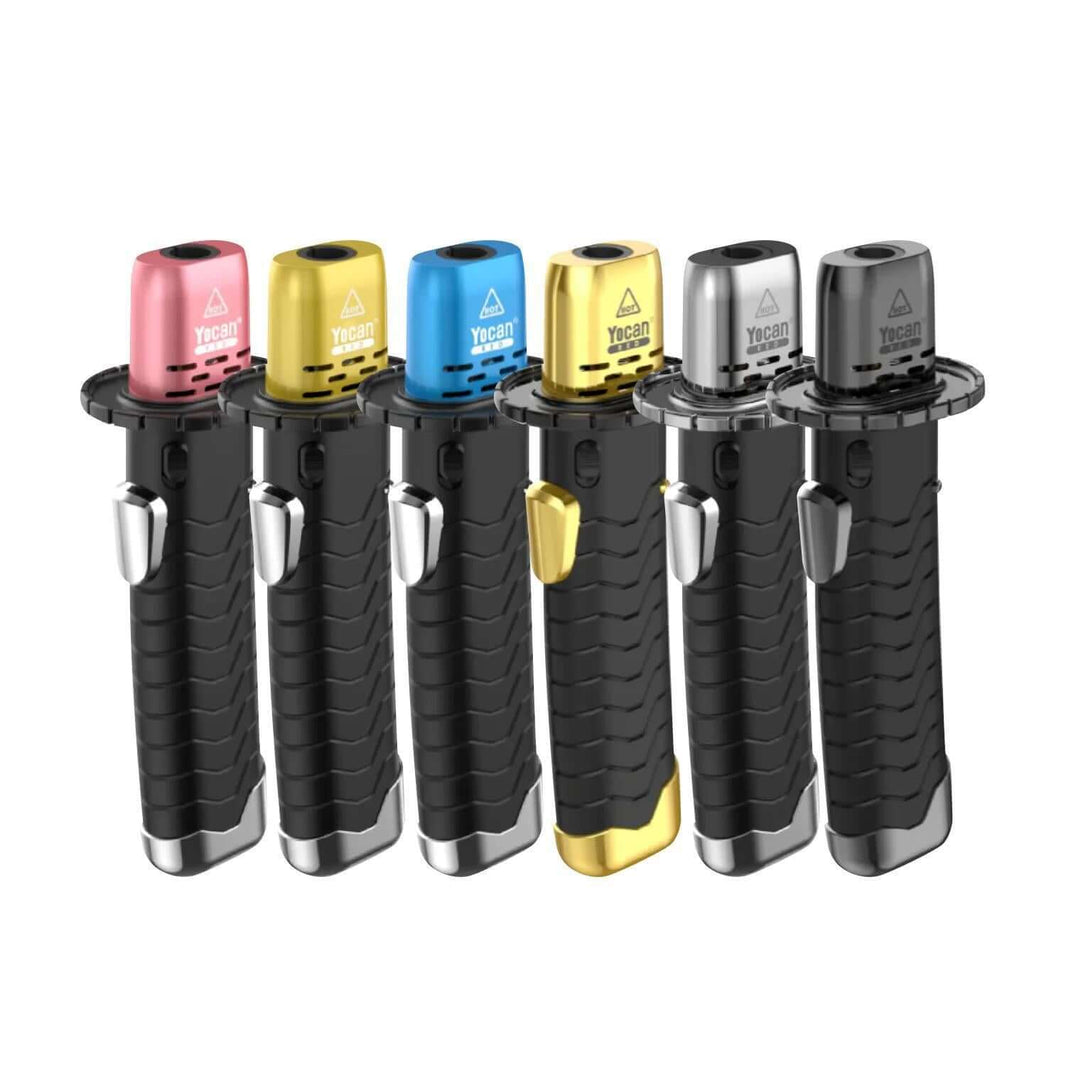 Yocan Red Katana Torch in various colors including pink, yellow, blue, and gold, designed for smokers and vapors.