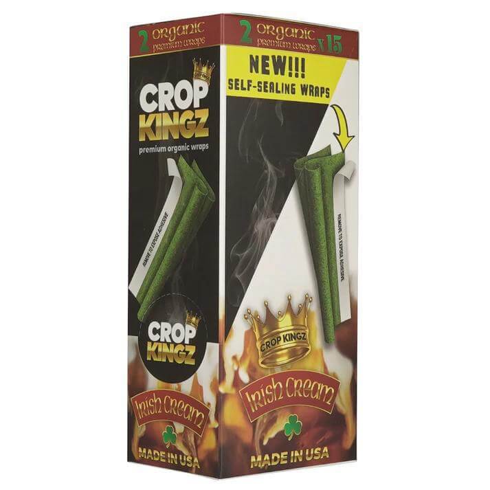 Crop Kingz Organic Hemp Cones package showcasing Irish Cream flavor, featuring self-sealing wraps and bold branding.