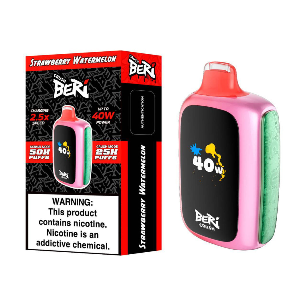 BERI CRUSH Disposable Vape in Strawberry Watermelon flavor, offering 50,000 puffs and 40W power, with warning label.