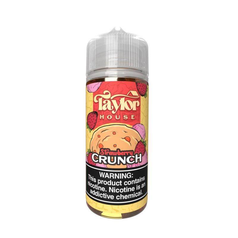 Taylor House E Liquid Strawberry Crunch flavor bottle, featuring vibrant packaging and clear warning label.