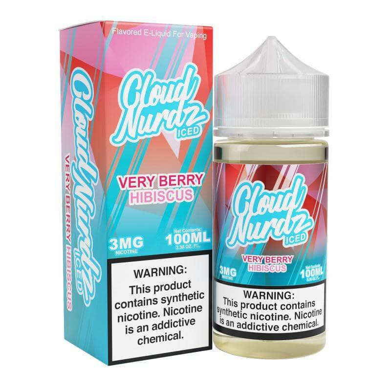 Cloud Nurdz Iced Very Berry Hibiscus e-liquid 100ml for vaping, featuring smooth throat hit and bold flavor.