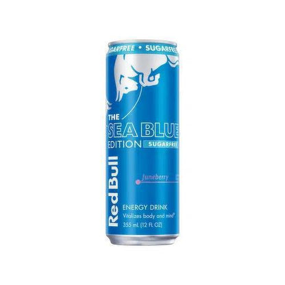 Red Bull Sea Blue Edition 12oz sugar-free energy drink can, revitalizes body and mind.