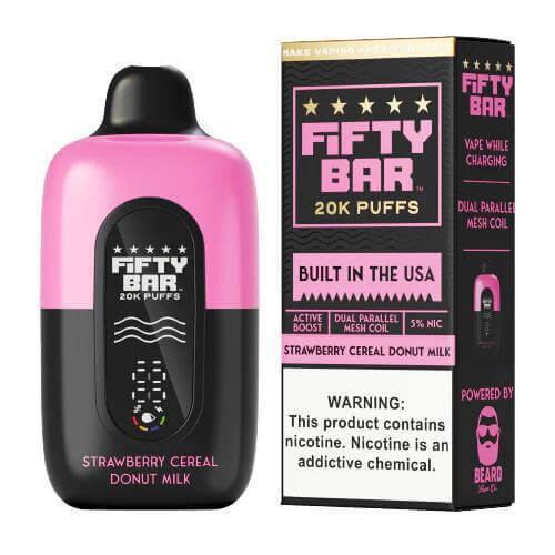 Fifty Bar 20K Disposable vape in Strawberry Cereal Donut Milk flavor with 5% nicotine, powered by Beard Vape Co.