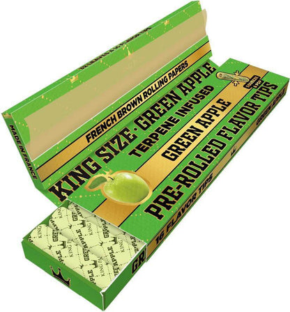 King Palm Green Apple flavored rolling papers and tips packaging, featuring French brown fibers for enhanced smoking experience.