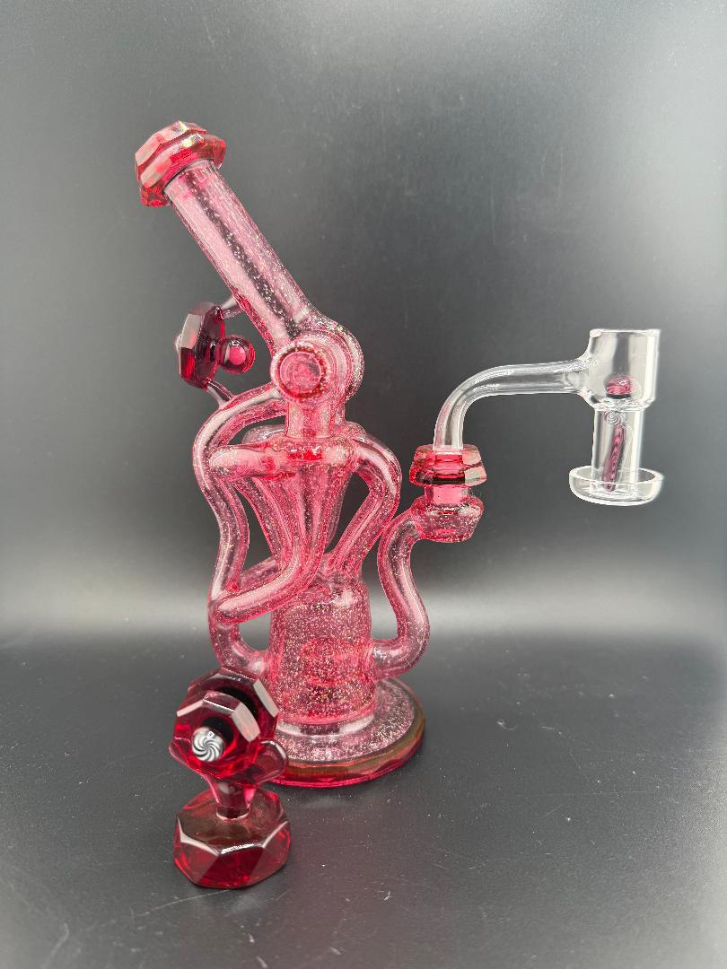 Domer Glass x Doc Glass Clear  Red Fully Facteed Crushed Opal  10mm Recycler That Looks Expensive Spokane Washington Domer double  Nikk drips Facing right full set