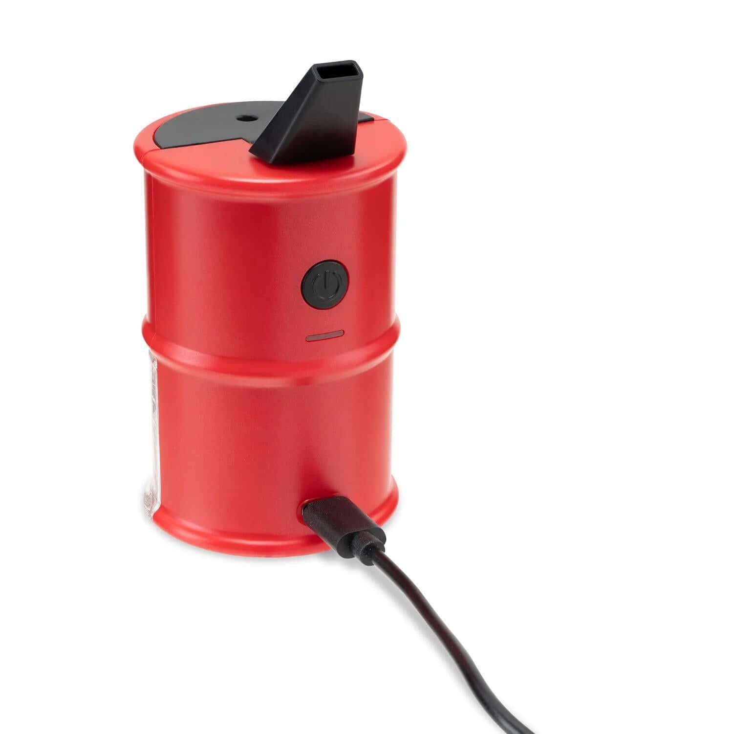 Ooze Electro Barrel Mini Electric Dab Rig in red with a charging cable and button control.