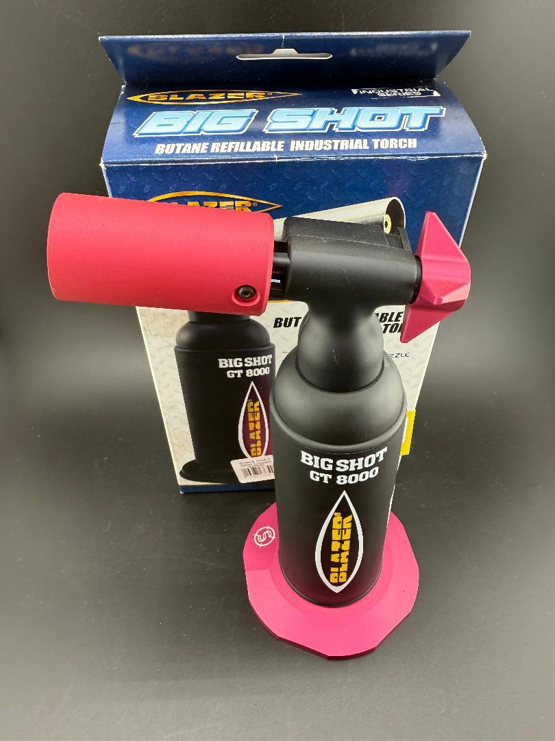 Scope & Stack x Blazer Big Shot GT 8000 Torch in a striking red design, featuring precise control and butane refillable capability.