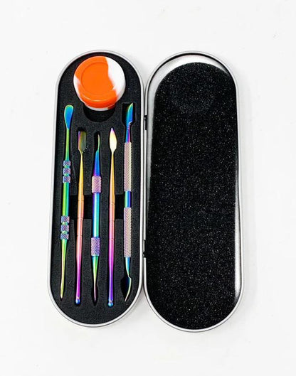 Dab Tool Travel Kit with 5 stainless steel tools and silicone slick container for concentrate handling.