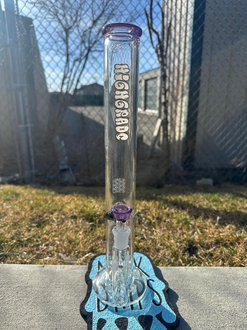 HighGrade Glass Straight Flower Tube - 16" Color Accent w/ Sacred Geometry Bake On 14mm 90°