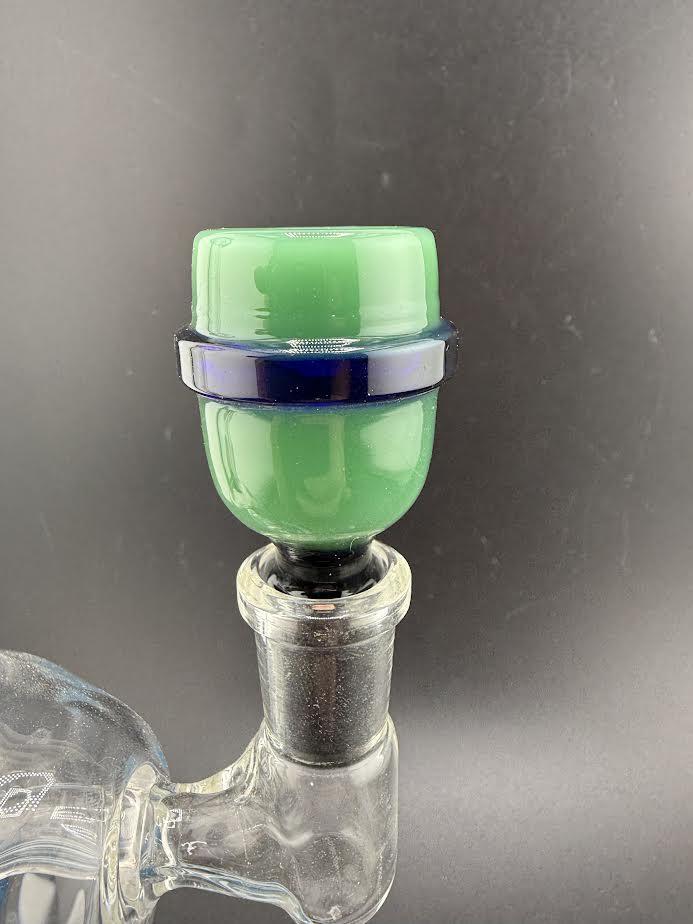 UFO 14mm glass bowl in green and blue, designed for smoking accessories and bongs, adding style to your setup.