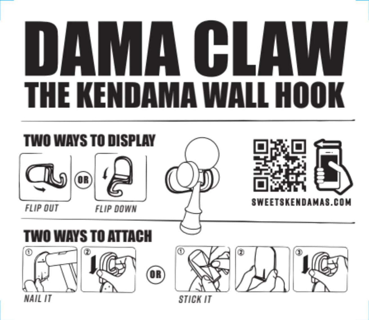 Instructional diagram for Dama Claw kendama wall hook showing display and attachment options.