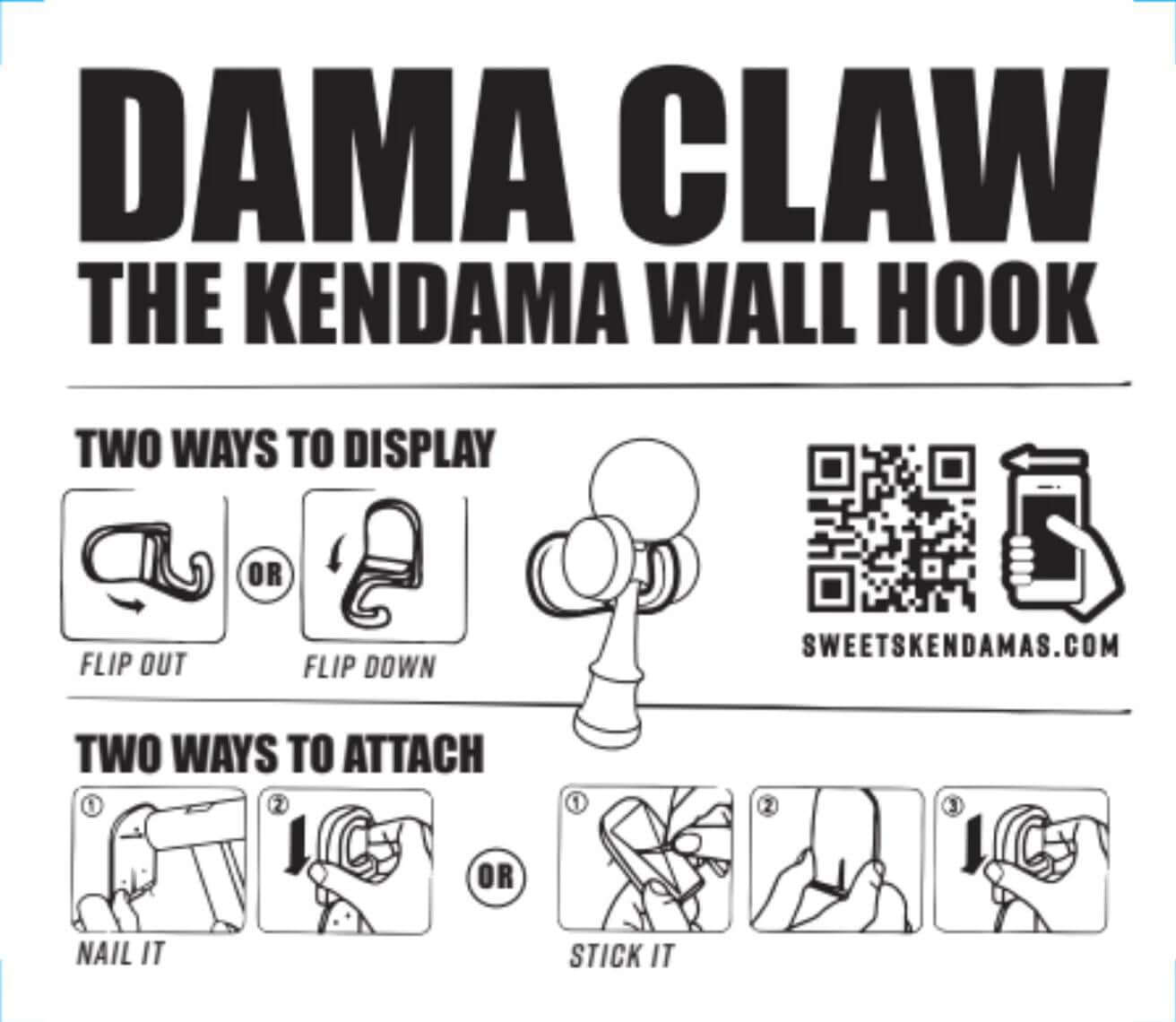 Instructional diagram for Dama Claw kendama wall hook showing display and attachment options.