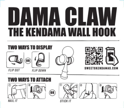 Instructional diagram for Dama Claw kendama wall hook showing display and attachment options.