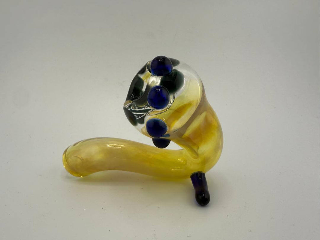 Handcrafted Danny W Glass Fumed Sherlock Pipe in amber with blue accents, perfect for unique smoking experiences.
