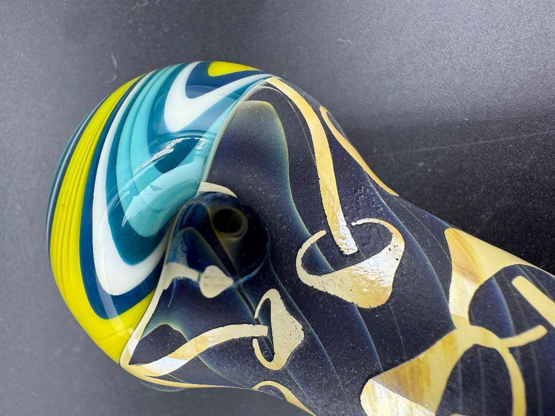 Danny W Glass Hand Pipe -Wig Wag Cap & Mouth Piece w/ Multi Layered Sand Blasted Mushroom Center Section, vibrant design.