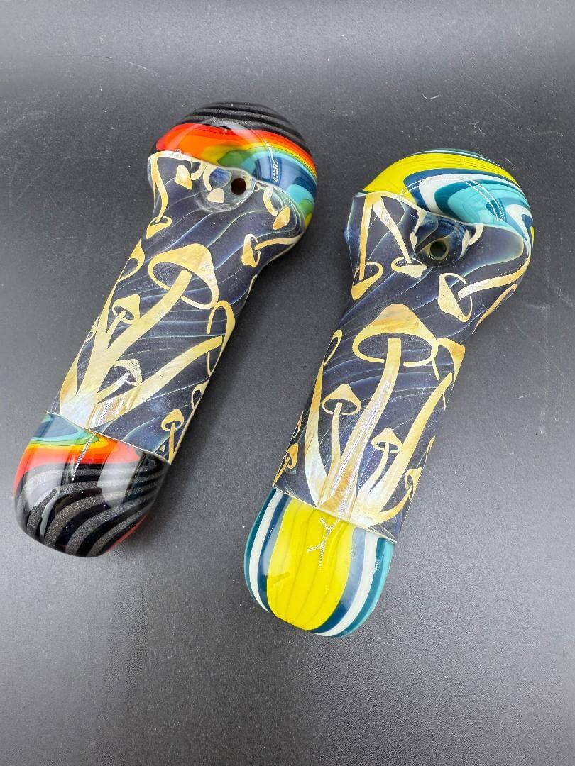 Danny W Glass Hand Pipe -Wig Wag Cap & Mouth Piece w/ Multi Layered Sand Blasted Mushroom Center Section