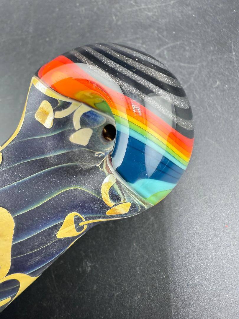 Danny W Glass Hand Pipe -Wig Wag Cap & Mouth Piece w/ Multi Layered Sand Blasted Mushroom Center Section