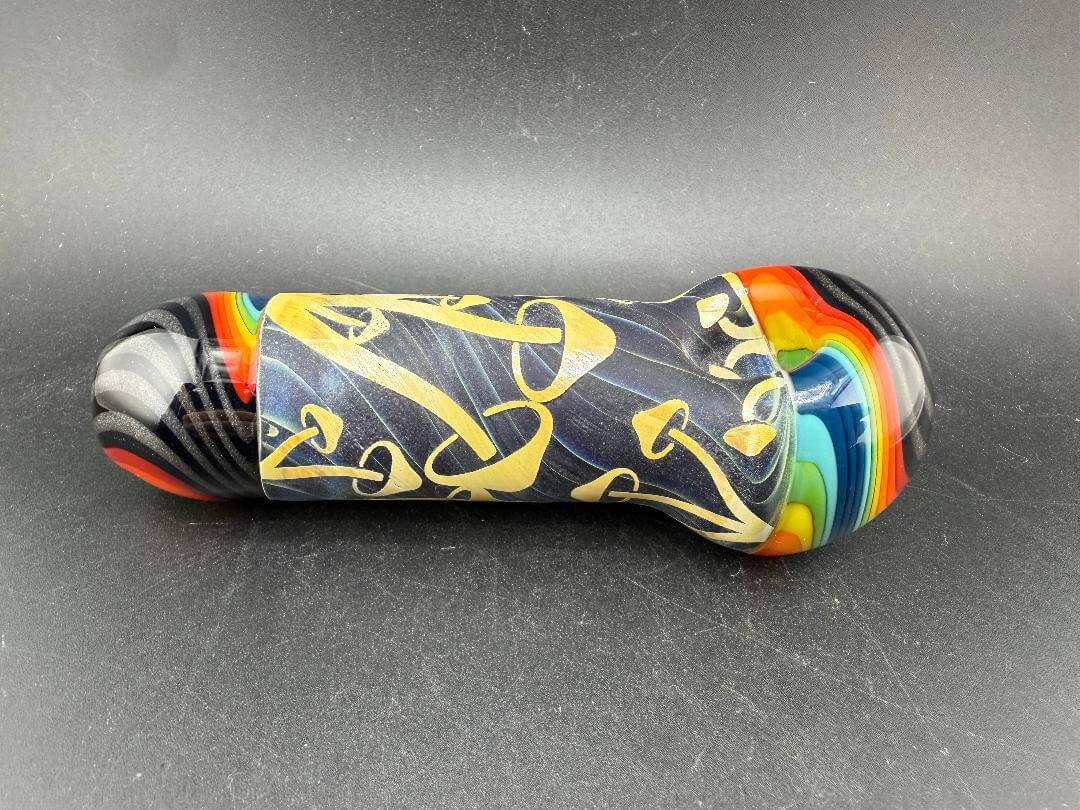 Danny W Glass Hand Pipe -Wig Wag Cap & Mouth Piece w/ Multi Layered Sand Blasted Mushroom Center Section displayed on a black background.