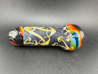 Danny W Glass Hand Pipe -Wig Wag Cap & Mouth Piece w/ Multi Layered Sand Blasted Mushroom Center Section displayed on a black background.