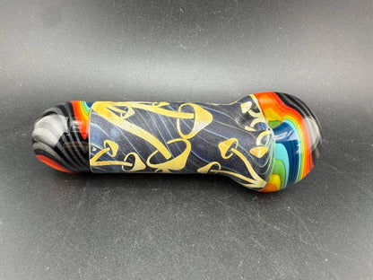 Danny W Glass Hand Pipe -Wig Wag Cap & Mouth Piece w/ Multi Layered Sand Blasted Mushroom Center Section displayed on a black background.