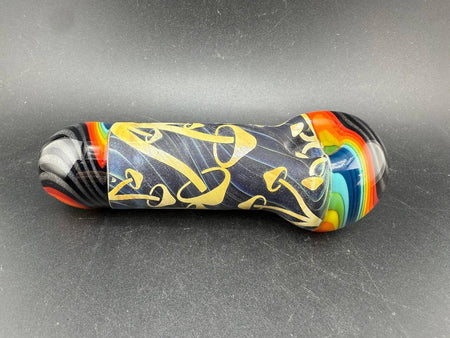 Danny W Glass Hand Pipe -Wig Wag Cap & Mouth Piece w/ Multi Layered Sand Blasted Mushroom Center Section displayed on a black background.