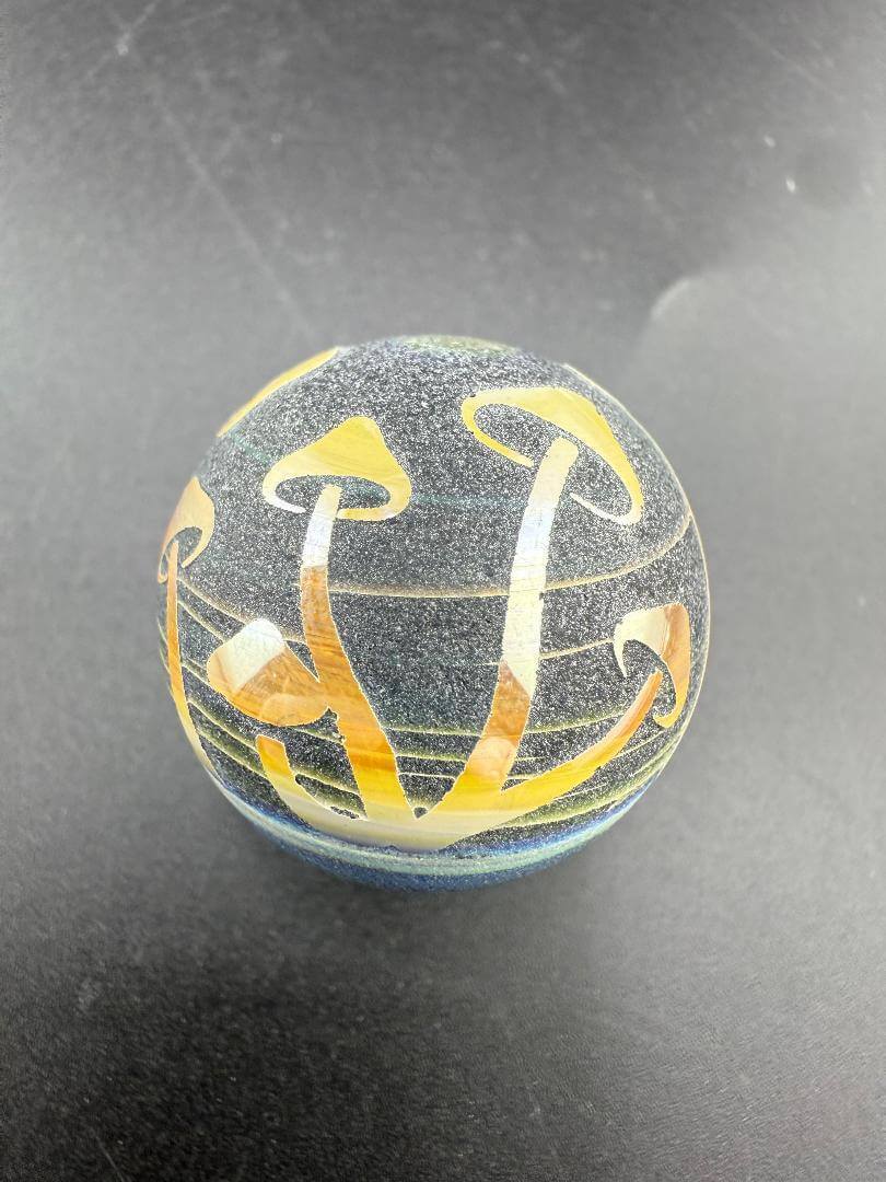 Danny W Glass Marble - 28mm Carved Mushrooms featuring detailed mushroom designs, handcrafted in Spokane.