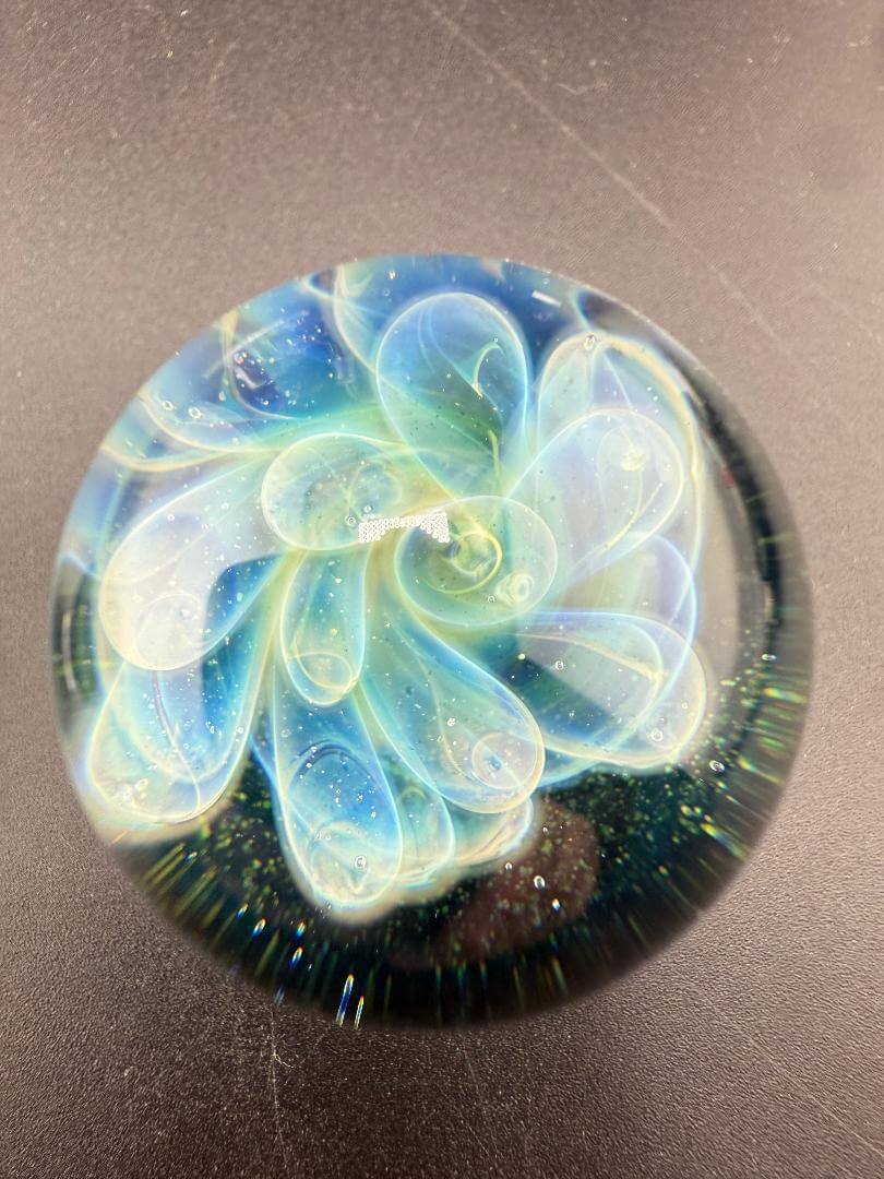 Danny W Glass Marble - 32mm Green Bubble Trap / Implosion showing vibrant green bubble trap design and craftsmanship.