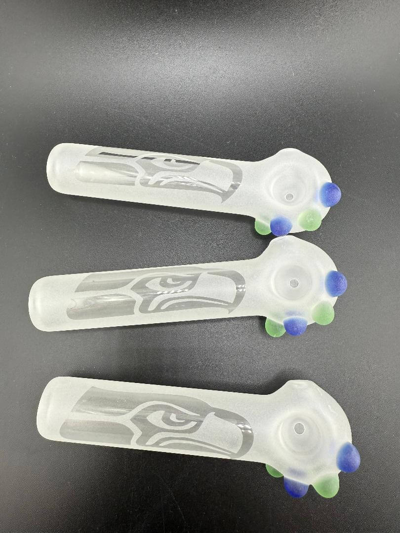 Danny W Glass Seahawks hand pipes showcasing team pride with intricate designs and colorful accents.