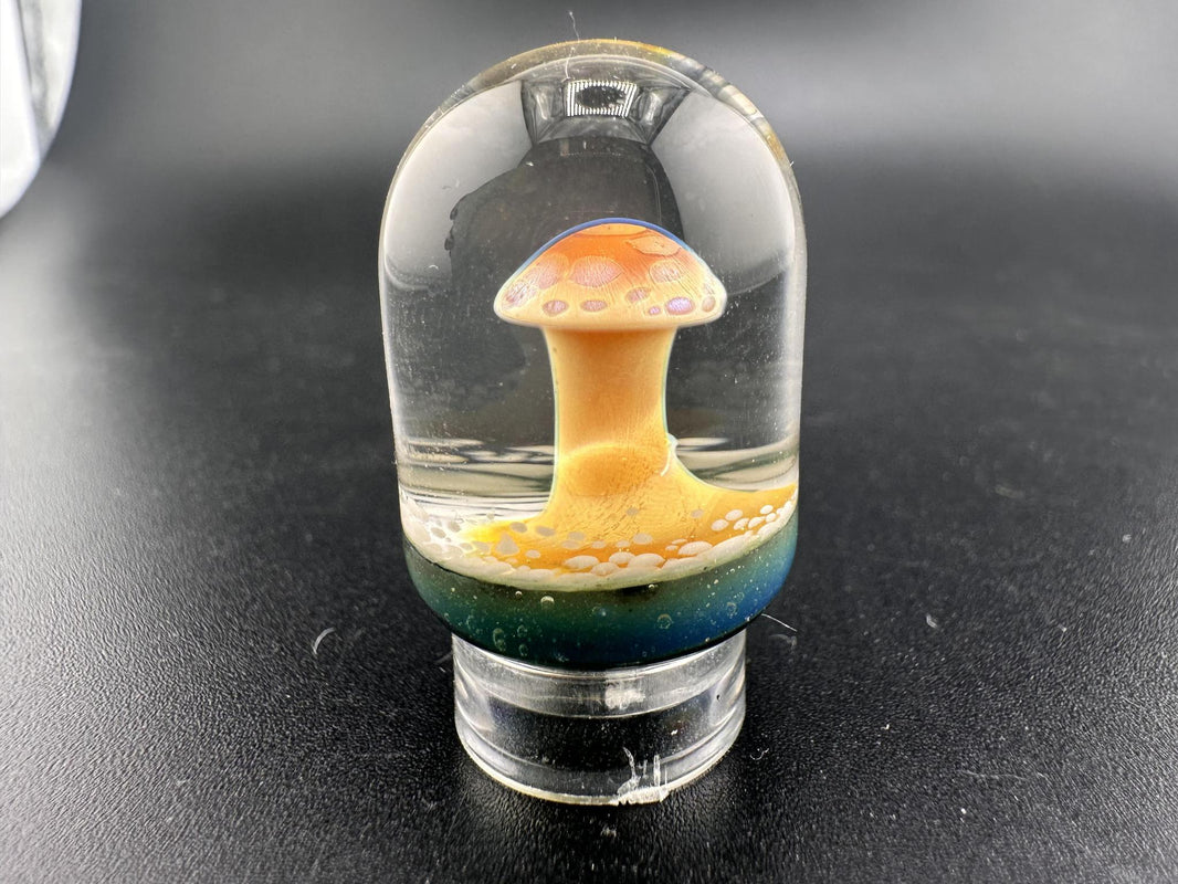 Danny W Smaller Mushroom Implosion Marble / Paperweight featuring vibrant colors in a glass design.