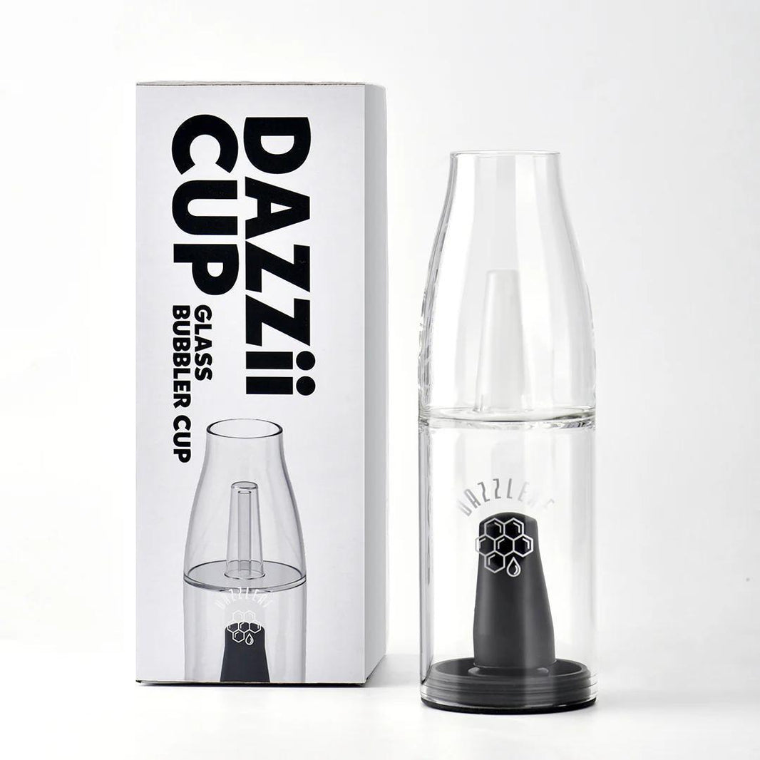 Dazzleaf Dazzii Cup Glass Bubbler Cup shown with packaging for smooth water-cooled vapor experience.
