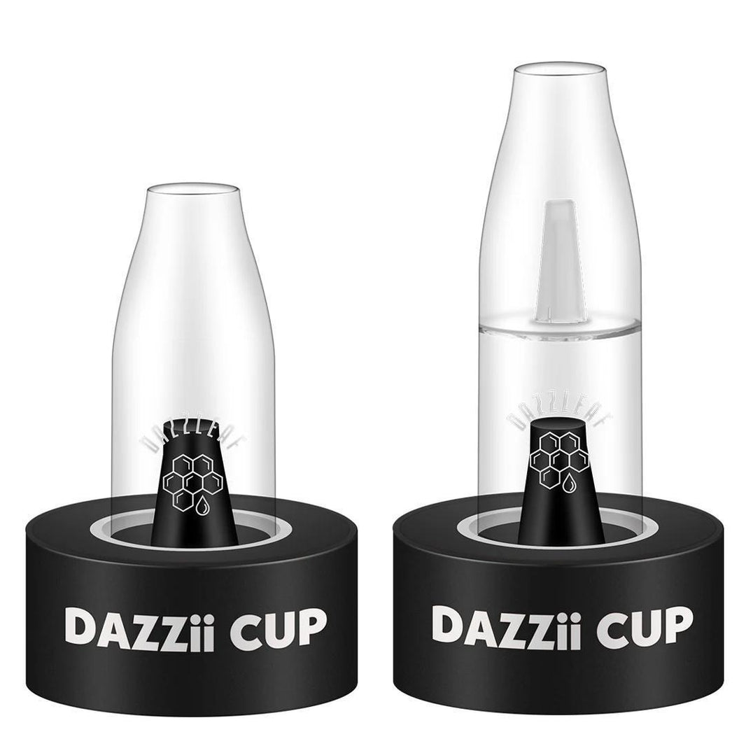 Dazzleaf Dazzii Cup Glass Bubbler Cup with two glass attachments on bases for vapor filtration and dabbing experience