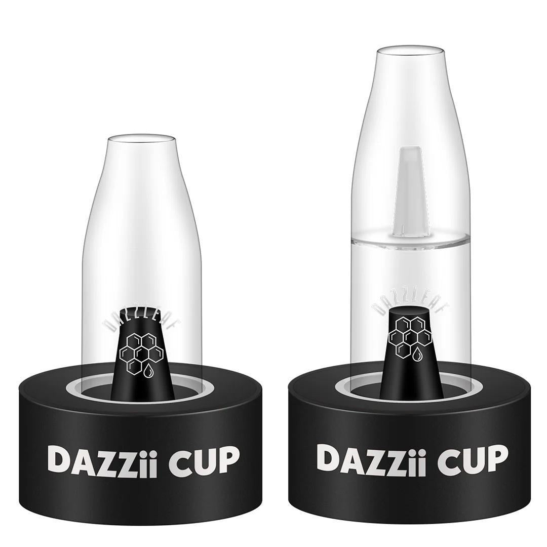 Dazzleaf Dazzii Cup Glass Bubbler Cup with two glass attachments on bases for vapor filtration and dabbing experience