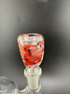 Flat face bowl piece in vibrant red and clear glass designed for 14mm water pipes, showcasing a unique swirl pattern.